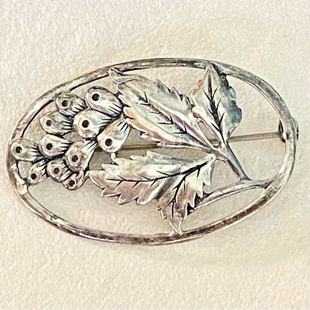 Sterling Silver Floral Spray Brooch Leaf and Berry Pin